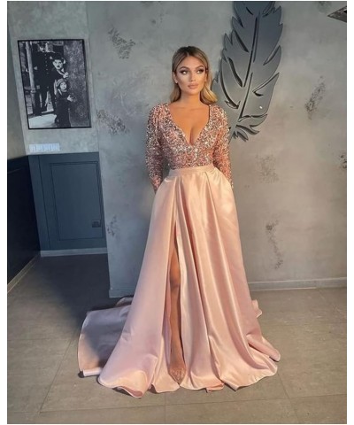 Sparkly Sequin Prom Dresses V Neck Long Sleeve Bridesmaids Dress High Slit with Pockets Formal Evening Party Gowns Blush Pink...