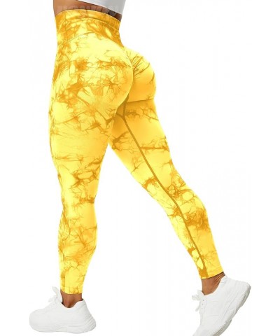 Tie Dye Seamless Leggings for Women High Waist Yoga Pants, Scrunch Butt Lifting Elastic Tights 1 Yellow $16.42 Activewear
