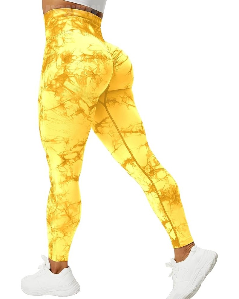 Tie Dye Seamless Leggings for Women High Waist Yoga Pants, Scrunch Butt Lifting Elastic Tights 1 Yellow $16.42 Activewear