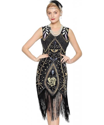 Women's 1920s Flapper Dress Sequins Art Deco Fringed Sleeveless Gatsby Dress Black Gold $18.45 Dresses