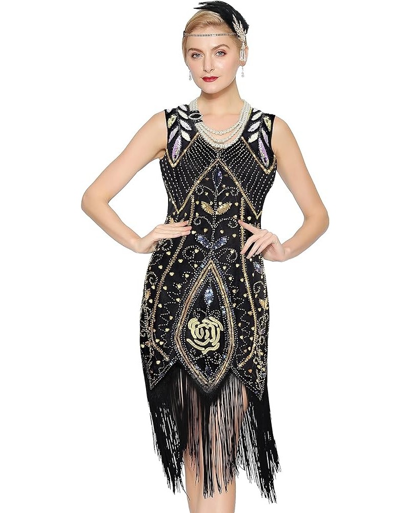 Women's 1920s Flapper Dress Sequins Art Deco Fringed Sleeveless Gatsby Dress Black Gold $18.45 Dresses