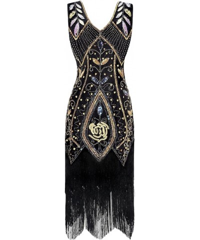 Women's 1920s Flapper Dress Sequins Art Deco Fringed Sleeveless Gatsby Dress Black Gold $18.45 Dresses