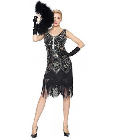 Women's 1920s Flapper Dress Sequins Art Deco Fringed Sleeveless Gatsby Dress Black Gold $18.45 Dresses