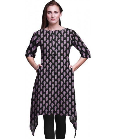 Leaves & Cardamine Floral Printed Asymmetrical Kurti Tops For Women Indian Summer Dress Tunic Black3 $15.54 Tops