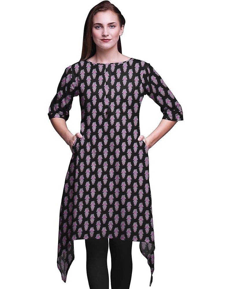 Leaves & Cardamine Floral Printed Asymmetrical Kurti Tops For Women Indian Summer Dress Tunic Black3 $15.54 Tops