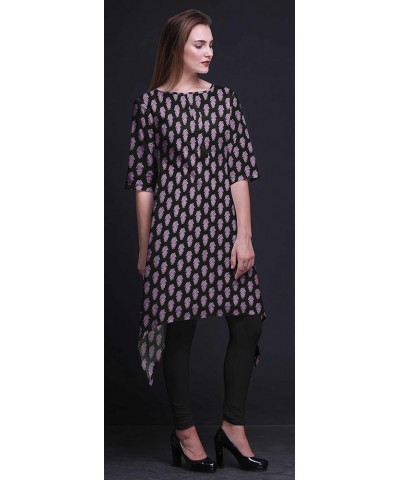 Leaves & Cardamine Floral Printed Asymmetrical Kurti Tops For Women Indian Summer Dress Tunic Black3 $15.54 Tops