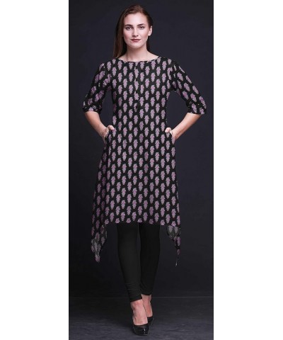 Leaves & Cardamine Floral Printed Asymmetrical Kurti Tops For Women Indian Summer Dress Tunic Black3 $15.54 Tops