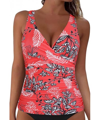 Women's Underwire Tankini Tops Ruched Crossback Swim Tops Tummy Control Bathing Suit Top No Bottom Red&white Floral $21.59 Sw...