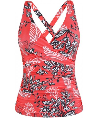 Women's Underwire Tankini Tops Ruched Crossback Swim Tops Tummy Control Bathing Suit Top No Bottom Red&white Floral $21.59 Sw...