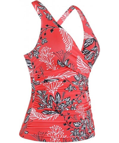 Women's Underwire Tankini Tops Ruched Crossback Swim Tops Tummy Control Bathing Suit Top No Bottom Red&white Floral $21.59 Sw...