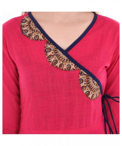 Women's Cotton Slub Patch Work Angrakha Kurta for Mother's Day - Mustard Pink1 $20.51 Tops