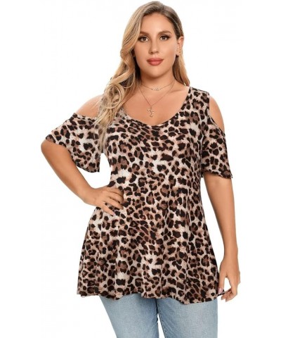 Plus Size Tunic Tops For Women V neck Short Sleeve T-shirt Cold Shoulder Loose Summer Tops Blouse A-leopard08 $17.69 Tops