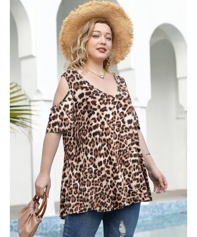 Plus Size Tunic Tops For Women V neck Short Sleeve T-shirt Cold Shoulder Loose Summer Tops Blouse A-leopard08 $17.69 Tops