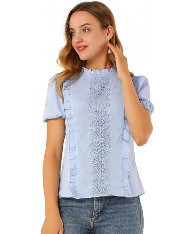 Women's Ruffle Frilled Crochet Lace Panel Mock Neck Short Sleeve Shirt Blouse Blue $10.44 Blouses