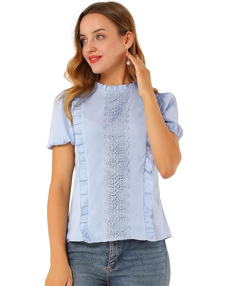 Women's Ruffle Frilled Crochet Lace Panel Mock Neck Short Sleeve Shirt Blouse Blue $10.44 Blouses