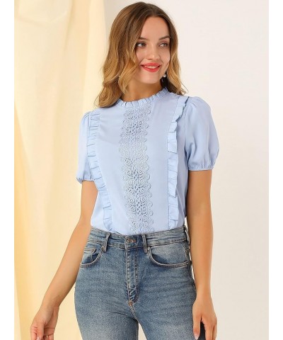 Women's Ruffle Frilled Crochet Lace Panel Mock Neck Short Sleeve Shirt Blouse Blue $10.44 Blouses