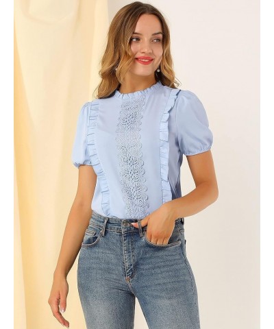 Women's Ruffle Frilled Crochet Lace Panel Mock Neck Short Sleeve Shirt Blouse Blue $10.44 Blouses