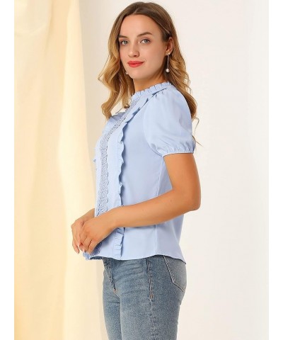 Women's Ruffle Frilled Crochet Lace Panel Mock Neck Short Sleeve Shirt Blouse Blue $10.44 Blouses