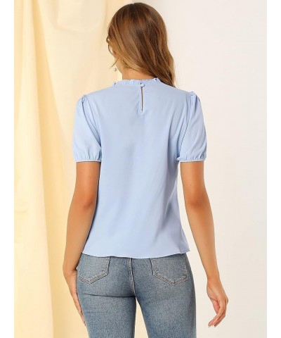 Women's Ruffle Frilled Crochet Lace Panel Mock Neck Short Sleeve Shirt Blouse Blue $10.44 Blouses