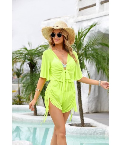 Womens Swimsuit Cover Ups Summer Beach Bathing Suit Sexy Sheer One Piece Bikini Romper Outfit Fluorescent Yellow-new $13.02 S...
