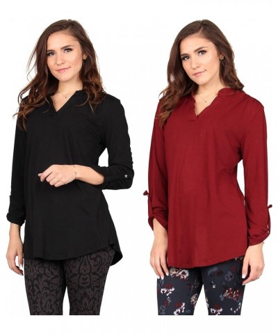 Women's Roll Up Sleeve Tunic, Loose Casual Stretchable Pullover Black/Burgundy $19.80 Tops