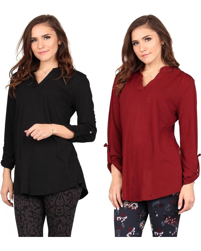 Women's Roll Up Sleeve Tunic, Loose Casual Stretchable Pullover Black/Burgundy $19.80 Tops