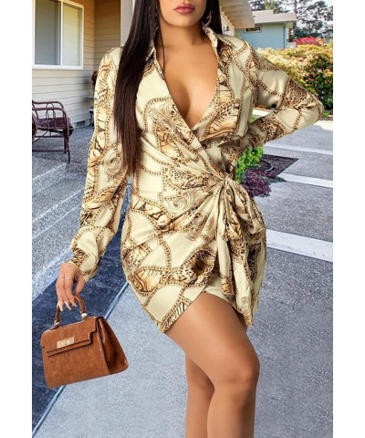 Women's Sexy Faux Wrap V Neck Collar Long Sleeve Mini Shirt Dress Casual Loose Blouses Chain-a $12.71 Dresses