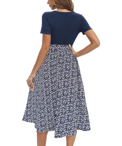 Summer Dresses for Women 2024 Short Sleeve Elastic Waist Casual Dresses Ribbed Floral Work Midi Dress with Pockets Navy Blue ...