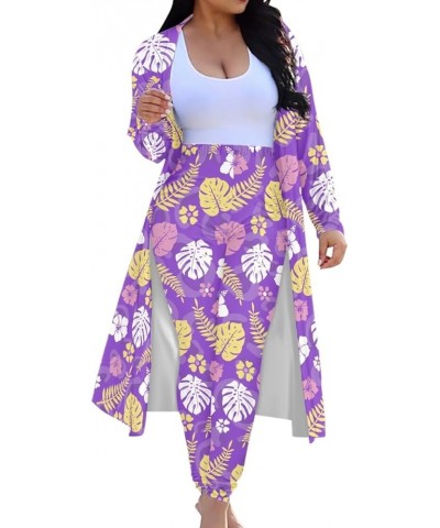 Womens Hawaiian Tropical Printed 2 Piece Outfit Open Front Coat and Pencil Pant Suits Set Light Purple $18.33 Suits
