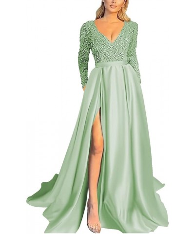 V Neck Long Sleeve Sequin Satin Prom Dresses 2022 Mermaid Formal Gown and Evening Dress with Slit Sage $33.11 Dresses