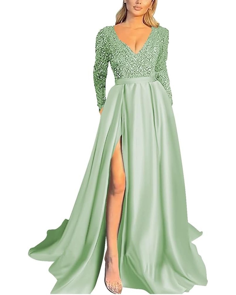 V Neck Long Sleeve Sequin Satin Prom Dresses 2022 Mermaid Formal Gown and Evening Dress with Slit Sage $33.11 Dresses