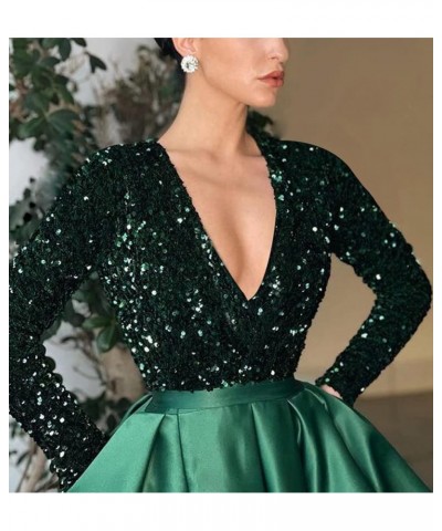 V Neck Long Sleeve Sequin Satin Prom Dresses 2022 Mermaid Formal Gown and Evening Dress with Slit Sage $33.11 Dresses