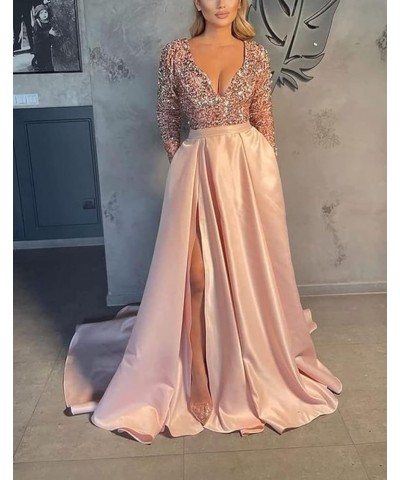 V Neck Long Sleeve Sequin Satin Prom Dresses 2022 Mermaid Formal Gown and Evening Dress with Slit Sage $33.11 Dresses