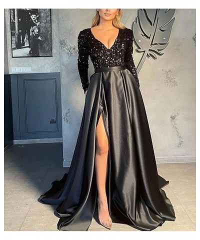 V Neck Long Sleeve Sequin Satin Prom Dresses 2022 Mermaid Formal Gown and Evening Dress with Slit Sage $33.11 Dresses