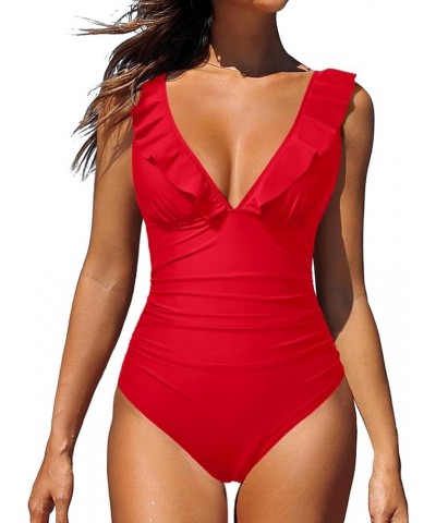 Women Ruffle V Neck One Piece Swimsuit Tummy Control Bathing Suit Full Coverage Swimwear Red $17.15 Swimsuits