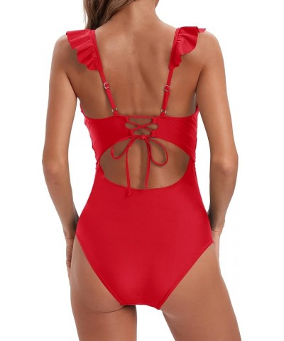 Women Ruffle V Neck One Piece Swimsuit Tummy Control Bathing Suit Full Coverage Swimwear Red $17.15 Swimsuits