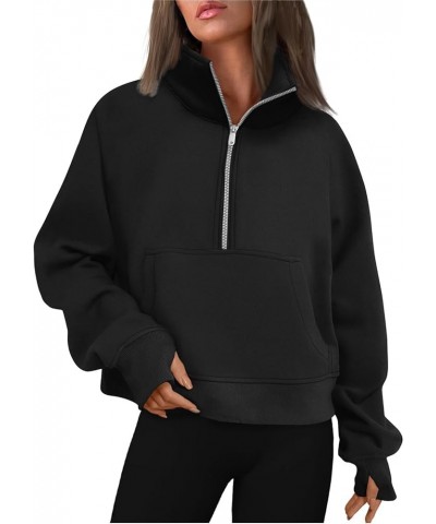 Womens Quarter/Full Zipper Sweatshirt Long Sleeve Cropped Pullover Jackets With Thumb Hole Fall Clothes E Black $7.47 Hoodies...