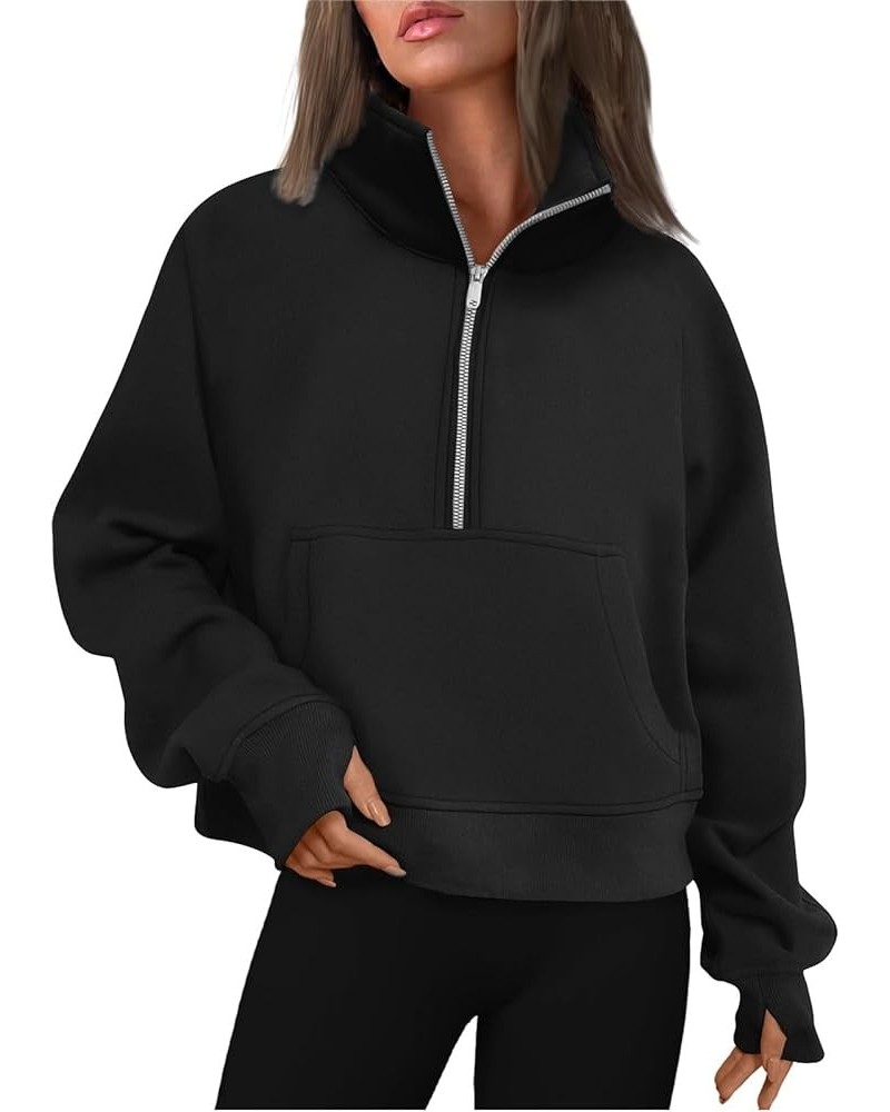 Womens Quarter/Full Zipper Sweatshirt Long Sleeve Cropped Pullover Jackets With Thumb Hole Fall Clothes E Black $7.47 Hoodies...