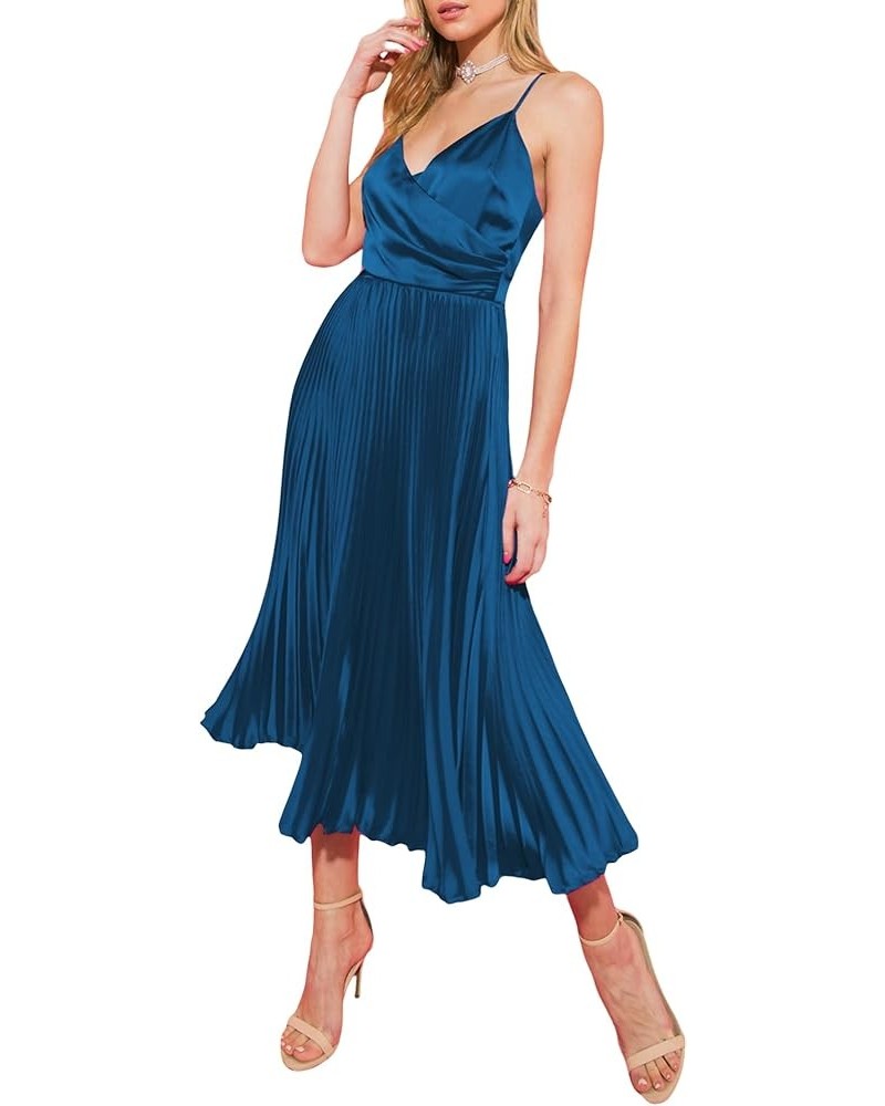 Womens Satin Sexy Backless Wrap V Neck Sleeveless Spaghetti Strap Pleated Flowy Party Midi Dress 0225-darkblue $27.92 Dresses