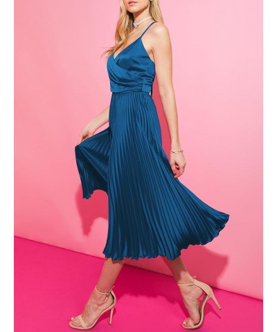 Womens Satin Sexy Backless Wrap V Neck Sleeveless Spaghetti Strap Pleated Flowy Party Midi Dress 0225-darkblue $27.92 Dresses