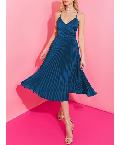 Womens Satin Sexy Backless Wrap V Neck Sleeveless Spaghetti Strap Pleated Flowy Party Midi Dress 0225-darkblue $27.92 Dresses