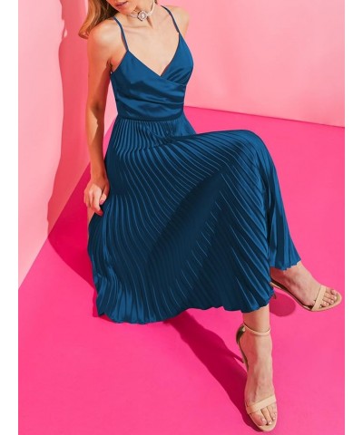 Womens Satin Sexy Backless Wrap V Neck Sleeveless Spaghetti Strap Pleated Flowy Party Midi Dress 0225-darkblue $27.92 Dresses