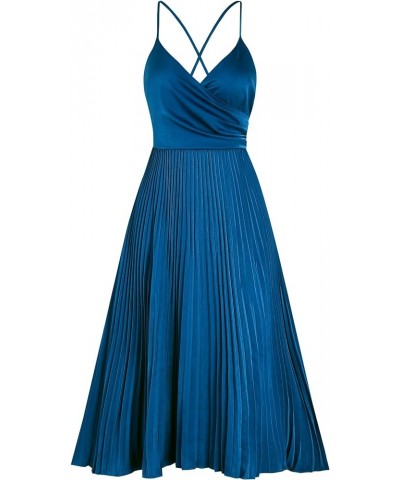 Womens Satin Sexy Backless Wrap V Neck Sleeveless Spaghetti Strap Pleated Flowy Party Midi Dress 0225-darkblue $27.92 Dresses