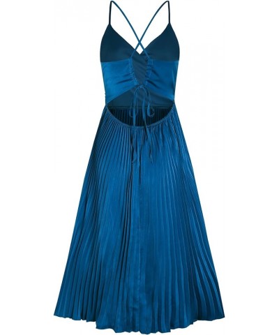 Womens Satin Sexy Backless Wrap V Neck Sleeveless Spaghetti Strap Pleated Flowy Party Midi Dress 0225-darkblue $27.92 Dresses