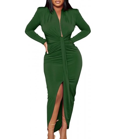 Women's Sexy Deep V Neck Dress Long Sleeve Front Split Ruched Elegant Party Maxi Dress A-dark Green $16.44 Dresses
