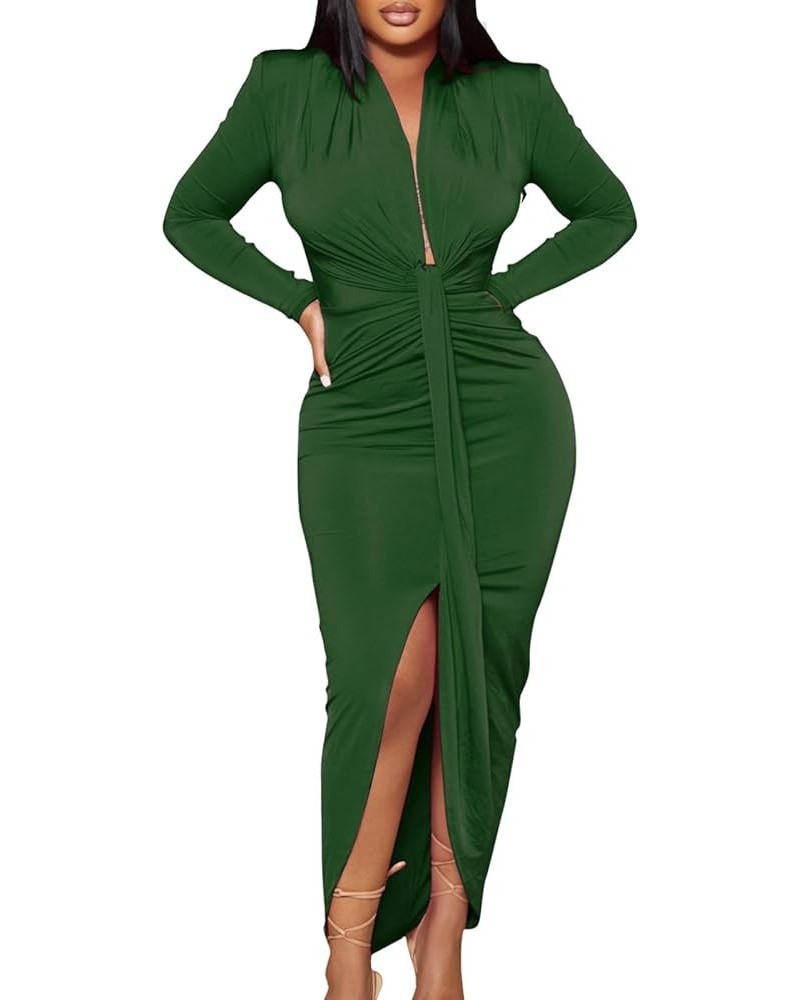 Women's Sexy Deep V Neck Dress Long Sleeve Front Split Ruched Elegant Party Maxi Dress A-dark Green $16.44 Dresses