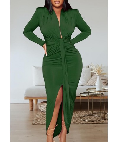 Women's Sexy Deep V Neck Dress Long Sleeve Front Split Ruched Elegant Party Maxi Dress A-dark Green $16.44 Dresses