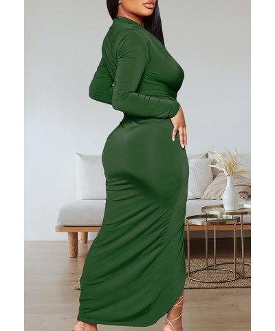 Women's Sexy Deep V Neck Dress Long Sleeve Front Split Ruched Elegant Party Maxi Dress A-dark Green $16.44 Dresses