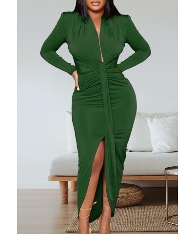 Women's Sexy Deep V Neck Dress Long Sleeve Front Split Ruched Elegant Party Maxi Dress A-dark Green $16.44 Dresses