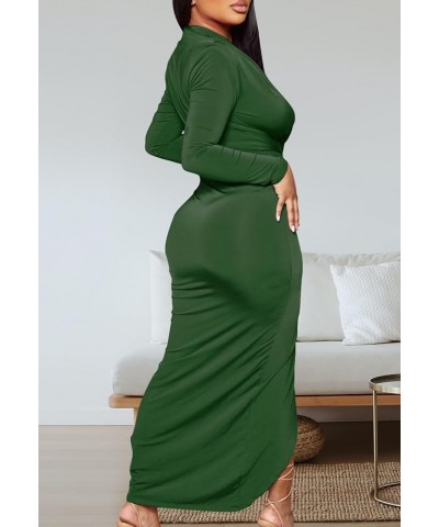 Women's Sexy Deep V Neck Dress Long Sleeve Front Split Ruched Elegant Party Maxi Dress A-dark Green $16.44 Dresses